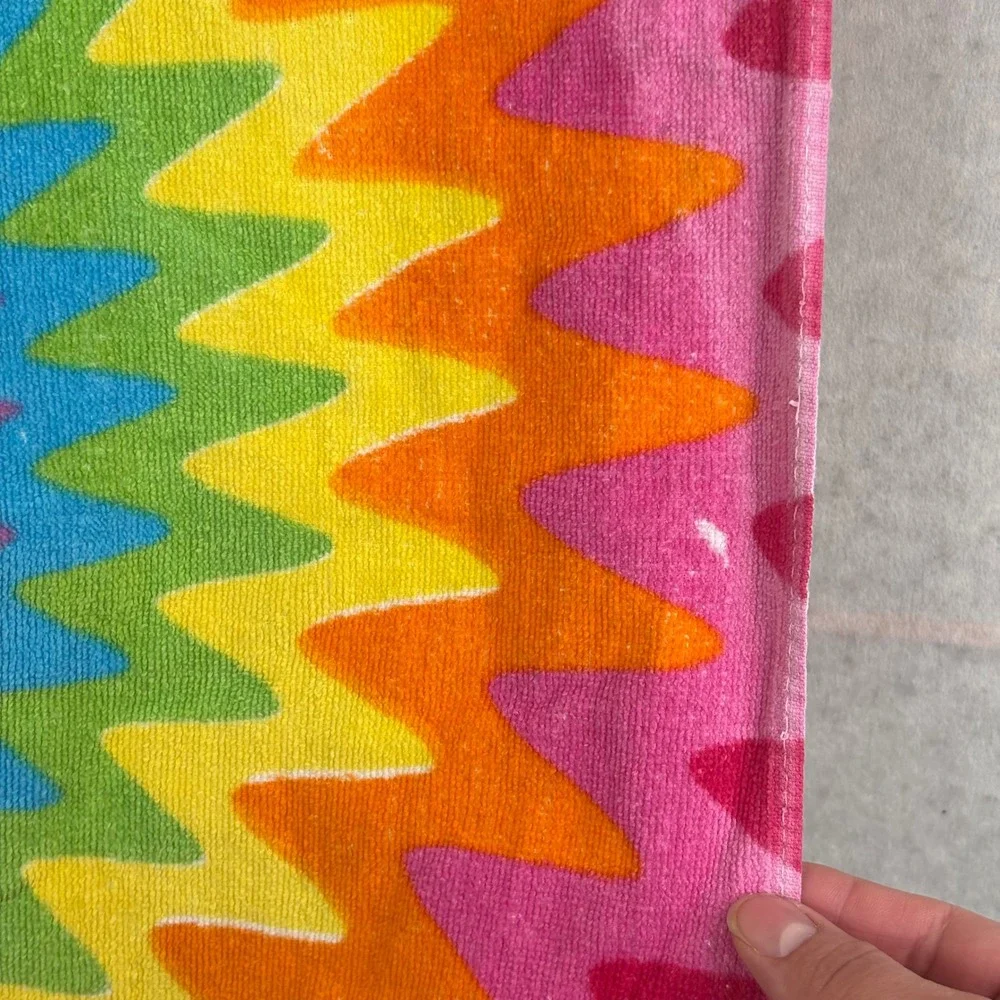 VTG Retro Groovy Rainbow Smiley Face Beach Towel Drawstring Bag‎ Pink 100 Cotton